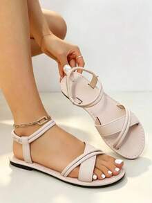 New Women's Roman Style Cross Strap Flat Sandals, Elastic Comfortable, Suitable For Beach, Vacation, Casual And All-Season Wear - Beige - View 1