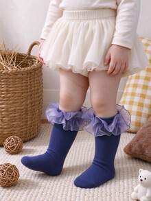 1 Pair Baby Girl Mesh Ruffle Mid-Calf Socks, Navy Blue Princess Lace Slouch Socks, Versatile Infant Toddler First Birthday Outfit Long Socks - Navy Blue - View 6
