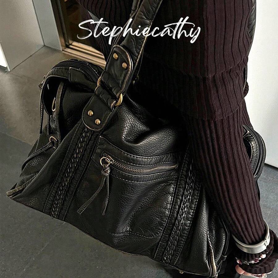 STEPHIECATHY Retro Casual Cool Street Style, Soft Washed PU Faux Leather, Large Capacity Fits 13-Inch Laptop, - Bronze - View 1