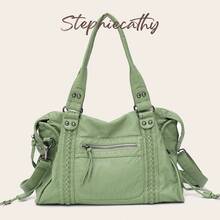 STEPHIECATHY Fashion Casual Cool Street Style Soft Brushed Washed PU Faux Leather Zipper Pocket Braided Large Capacity Fits 13 Inch Laptop Slouchy Silhouette Bag - Mist Green - View 2