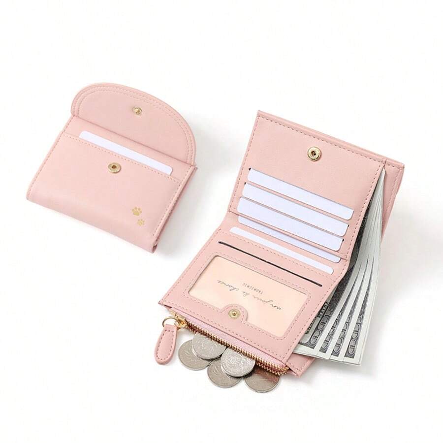 Women's PU Short Wallet, Cute Cat Decor Snap Flap Wallet, Zipper Coin Pocket, Multiple Card Slots And Photo Slot, Suitable For Daily Storage