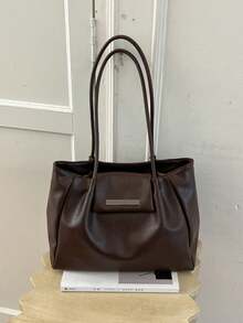 Fashionable And Minimalist Coffee Colored PU Material Women's Tote Bag, Minimalist And High-End Hardware Large Capacity Shoulder Bag/Commuting Bag - Coffee Brown - View 6