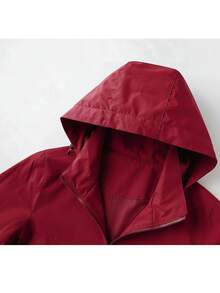 NBCT Women's Urban Functional Adjustable Hood Drawstring Outdoor Softshell Jacket, Dual Side Secure Zipper Pockets, Minimalist Solid Color Light Outdoor Sports Commuting Camping Casual Jacket - Burgundy - View 3