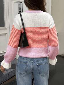 Just Masa Women's Fall Casual Colorblock Stripe Sweater,Long Sleeve Frill Trim Cuff Round Neck Rib-Knit Pullover,For Daily Wear,Going Out,Commute - Colorful Stripes - View 2