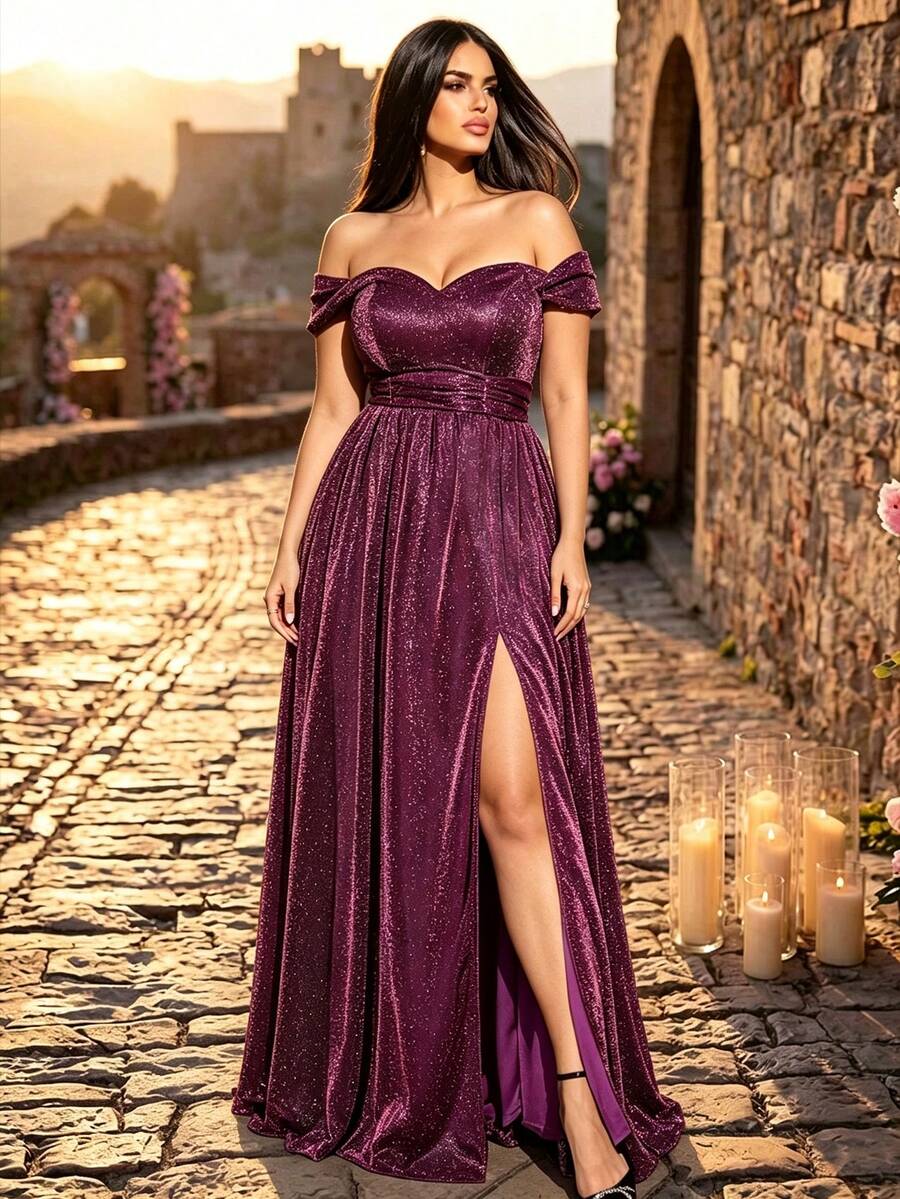 Plus Size Elegant Cold Shoulder Ruched Waist Metallic Thread High Slit A-Line Long Dress, Formal Evening Gown For Party, Wedding, Daily Wear - Hot Pink - View 1