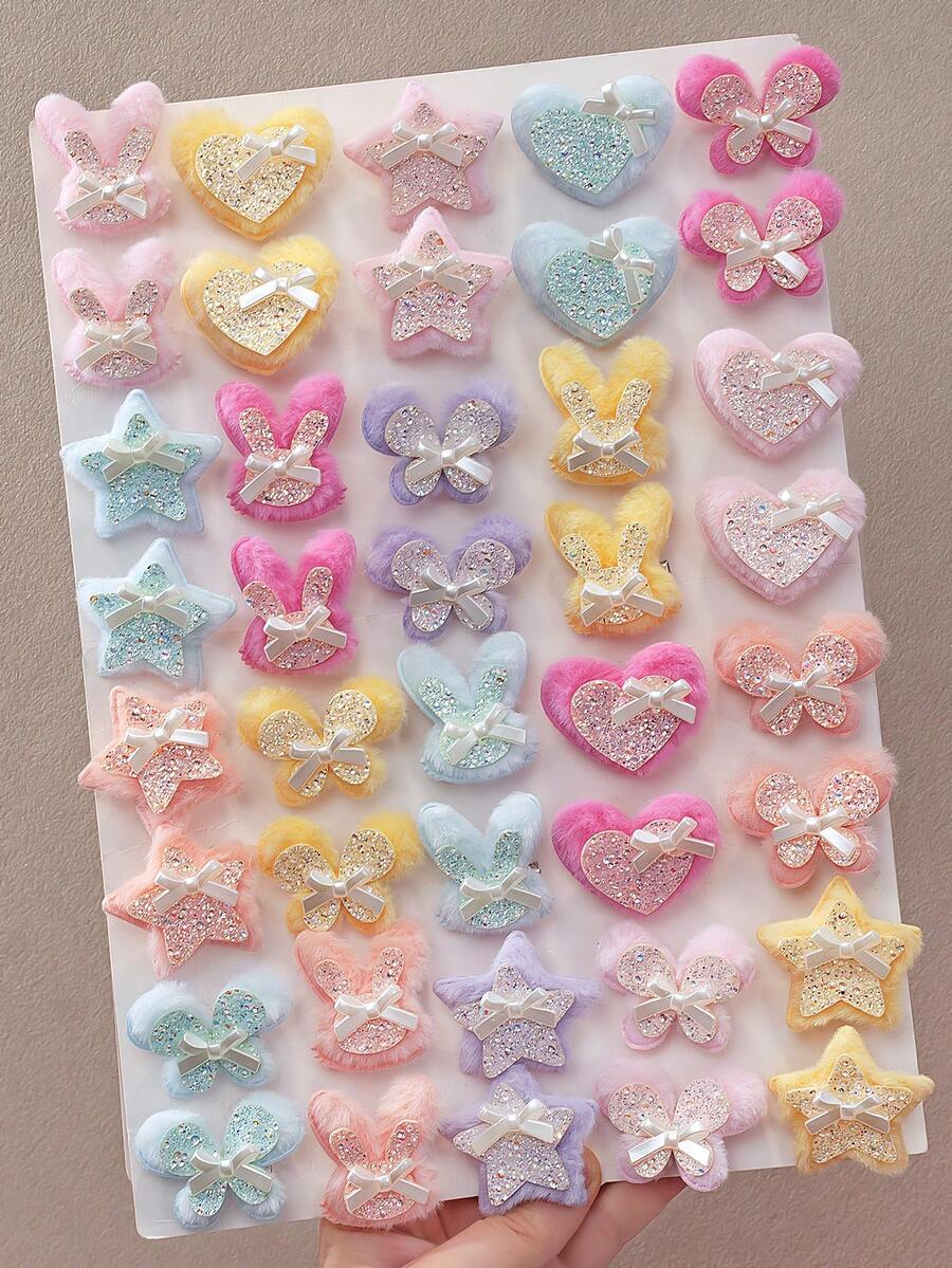 6/12Pcs Sweet Plush Hair Clips, Sparkling Heart Star Rabbit Butterfly Hair Clips, Cute Bow Decor Children Hair Clips, Sweet Dopamine Style Girls Hair Accessories, Suitable For Daily/Outing/Party Use. - Multicolor - View 1