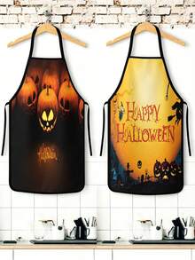 1pc/2pcs Halloween Cartoon Print Apron, Pumpkin Ghost Black Cat Spider Web Bat Pattern Adjustable Neck Strap Bib Apron, Lightweight Oil Resistant Kitchen Cooking Baking Apron, Halloween Party Cosplay Costume Accessory Home Cleaning Apron - Multicolor - View 5