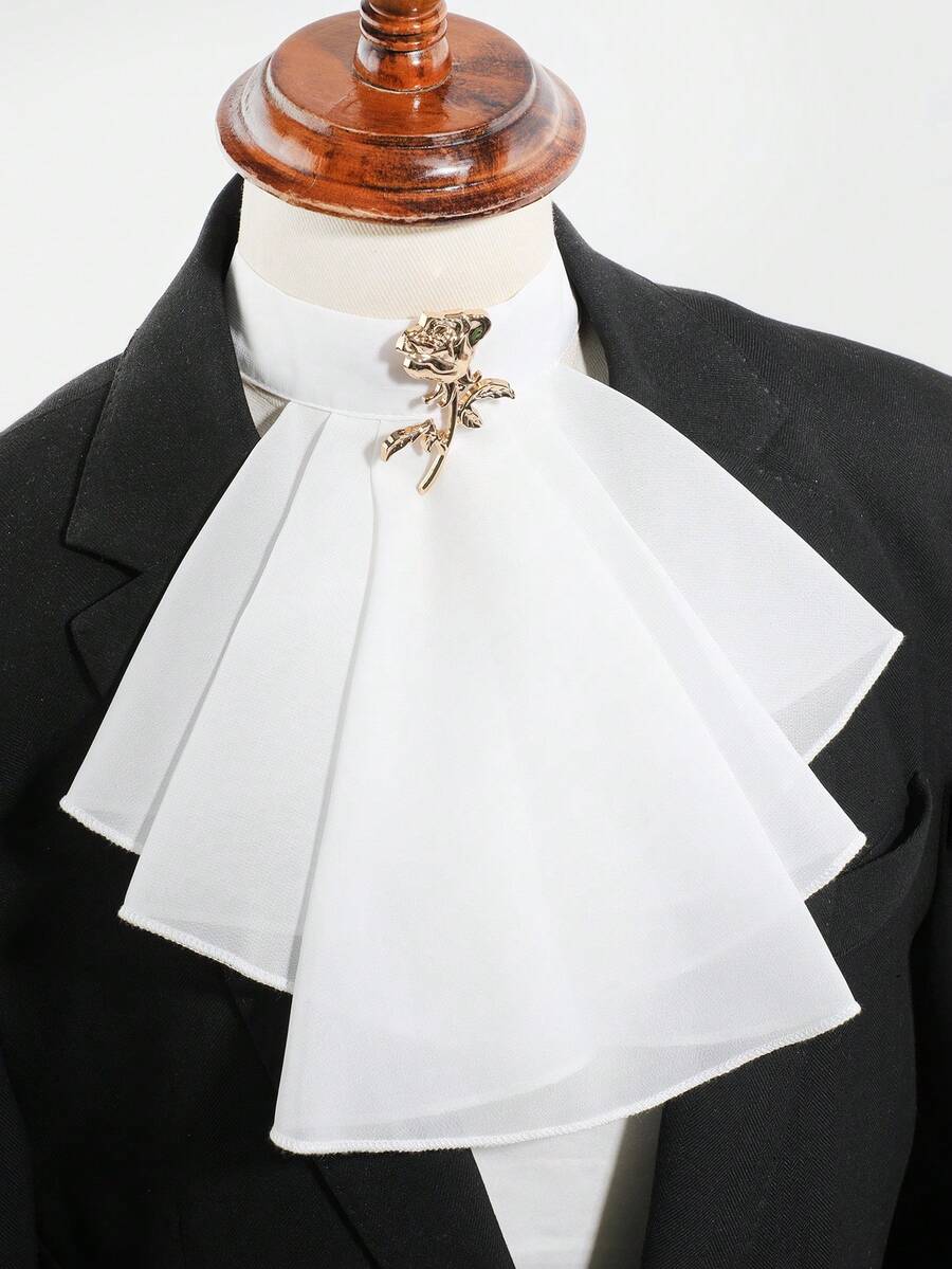 1Pc Women White/Black Layered Chiffon Detachable Jabot Collar With Rose Brooch Vintage Formal For Wedding Party - Multicolor - View 1