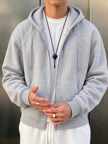 Men's Autumn/Winter Casual Fashion Streetwear Solid Color Zip-Up Hoodie With Drawstring - Grey - View 2