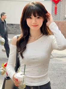 Solid Color Rhinestone Embellished Asymmetrical Shoulder Long Sleeve T-Shirt For Women, Autumn Design - White - View 2