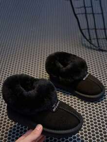 Girls' Simple Plush Trim Snow Boots, Anti-Slip Soft Sole, Autumn/Winter - Black - View 3