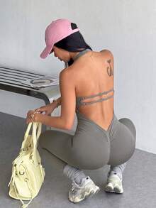 Women's Solid Color Halter Backless Sports Jumpsuit - Grey - View 1