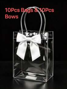 20pcs/10pcs Transparent PVC Gift Bags With White Satin Bow, Clear Plastic Tote Bag With Handle And Snap Button, Reusable Wedding Favor, Birthday, Valentine's Day Party Gift Packaging Bags - White - View 8