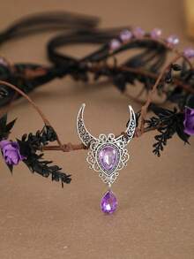 Moon Crystal Flower Crown Headband Black Leaves Gothic Witch Elf Fairy Headpiece Halloween Cosplay Renaissance Wedding Party Hair Accessory - Multicolor - View 7