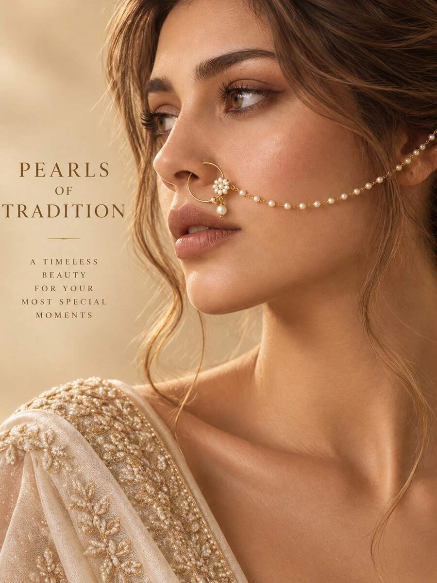 1 buah Rantai Hidung Tanpa Bor dengan Mutiara Emas untuk Wanita, Aksesori Wajah Pengantin Jepit yang Elegan - Emas - View 1