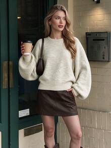 Women's Autumn Round Neck Knit Sweater, Petal Sleeve Oatmeal Color Loose Pullover Knit Top, Fashionable Daily Vacation Outfit Autumn Clothing - Apricot - View 8
