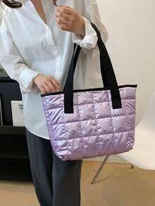 1件紫色大容量絎縫加厚尼龍托特包 女款單肩包 - 紫色 - 查看 3