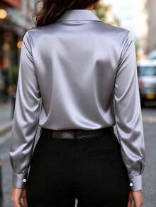 Women's New Arrival Satin Button-Down Shirt, Fashionable, Versatile, Suitable For All Seasons Spring - Grey - View 3