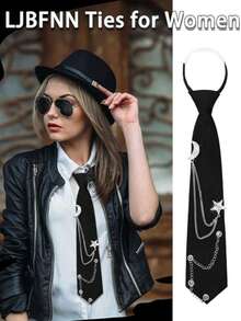 1pc Women's & Men's Tie, Punk Metal Chain Pre-Tied Adjustable Black Tie, Suitable For Uniform, School, Shirt Accessory - Multicolor - View 1