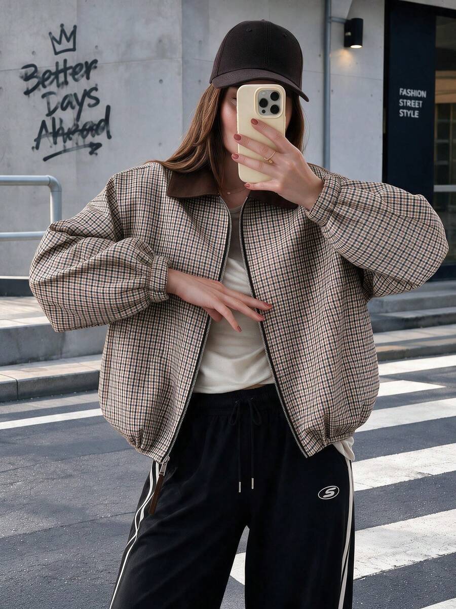 Women's Brown Plaid Short Flight Jacket, Vintage Checkered Long Sleeve Front Zipper Casual Outerwear, Street Style Autumn Jacket - Brown - View 1