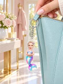 1pc Custom Photo Mermaid Acrylic Keychain, Personalized Face Cartoon Mermaid Body Key Chain, Girls Birthday Gift, Mermaid Lover Novelty Keepsake,Ocean Fantasy Accessory,Ocean Theme Present - Multicolor - View 5