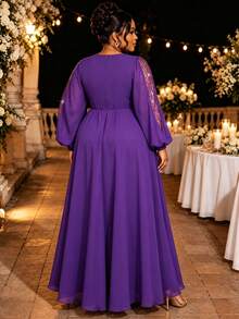 AOMEI Robe de Soirée Élégante Grande Taille Violette en Mousseline Maxi Col V Profond Paillettes Transparente Manches Lanternes Longues Volants Devant Coupe A-Line Robe de Mariée Invité - Violet - Voir 4