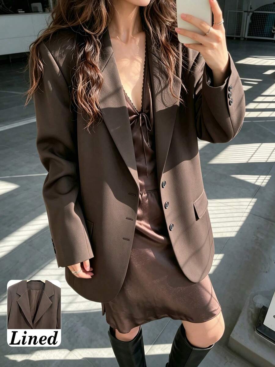 Women's Autumn/Winter Daily Light Commute Oversized Padded Shoulder Mid-Length Single-Breasted Long Sleeve Blazer With Lining - Brown - View 1