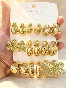6-18pcs Fashion Geometric Gold Water Drop, C-Shaped, Flower Women's Earrings Set, Suitable For Daily And Holiday Wear, Gift For Friends, Besties And Family, Lightweight And Non-Fading. - Gold - View 5