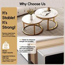TONSSIDA Nesting Coffee Table Set Of 2, Round White Marble Coffee Table, Nesting Tables For Living Room, Space Saving Side Tables With Metal Frame - Gold - View 5