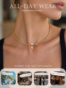 1pc Minimalist Snake Chain Choker Necklace With Square Rhinestone Pendant, Women's Daily Party Layering Jewelry - Rhinestones - View 4