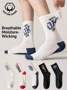 5 Pairs Men's Letter Graphic Cotton Crew Socks, Breathable Moisture Wicking Mesh Socks, Color Block Casual Sport Mid Calf Socks For Daily Wear - Multicolor - View 13