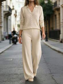 Women's Ribbed Knit Sweater And Wide Leg Pants Set, Long Sleeve V-Neck Casual Outfit For Autumn/Winter - Apricot - View 8
