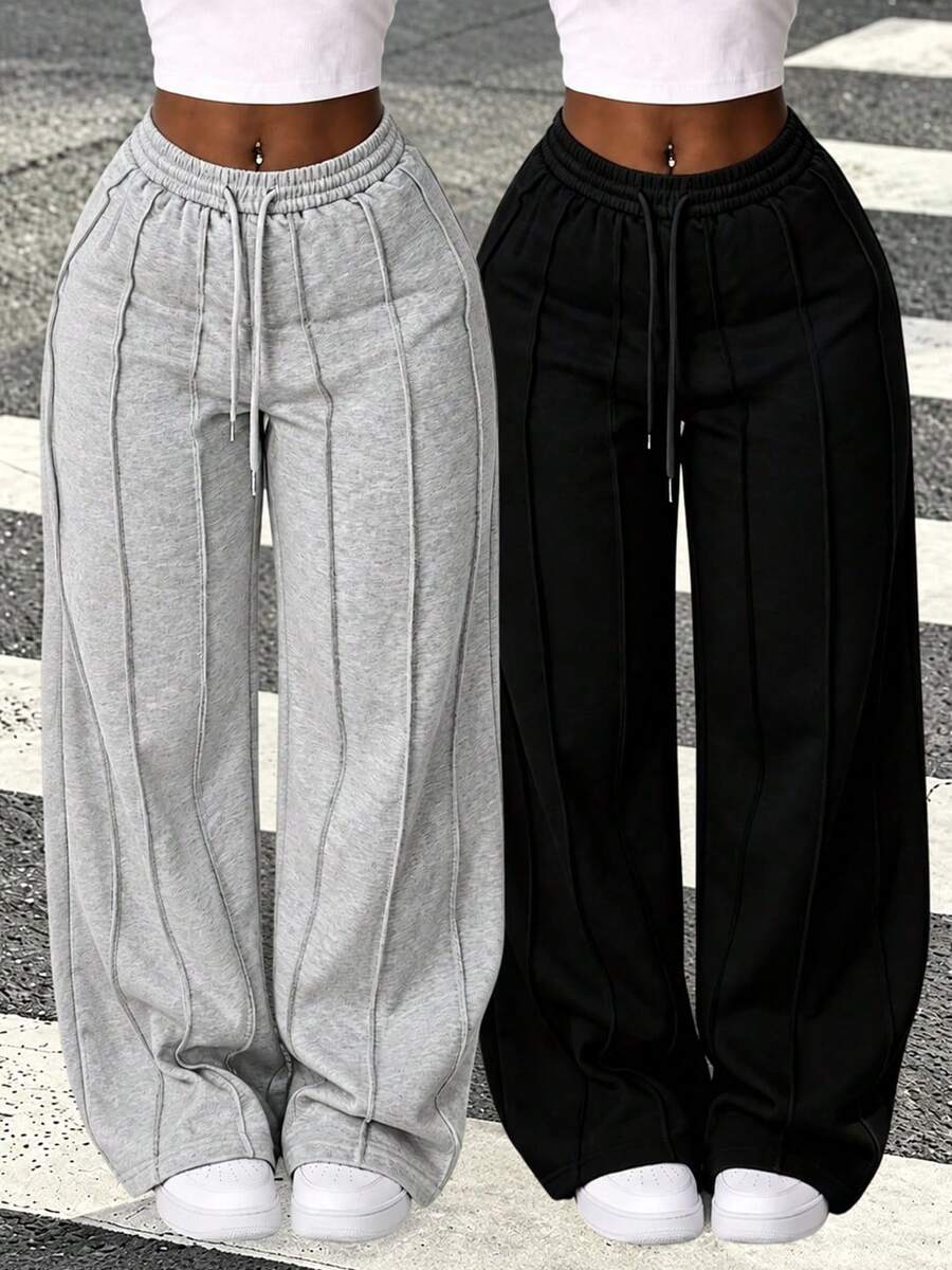 Women's Vertical Stitch Wide Leg Sweatpants, Elastic Waist Drawstring Loose Straight Leg Casual Knit Pants - Grey - View 1