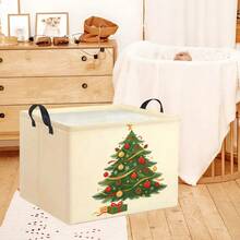 1PC Christmas Tree Bauble & Gift Box Printed Square Storage Bin With Handles, Collapsible Fabric Home Organizer - Beige - View 1