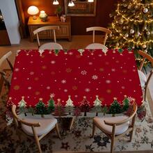 1pc Christmas Tablecloth - Red Vintage Festive Gold Snowflake Christmas Tree Print Design - Durable Polyester Fabric - Suitable For Rectangular, Round, Dining Tables - Party, Home, Restaurant Winter Decoration - Easy To Clean Holiday Decor - Multicolor - View 6