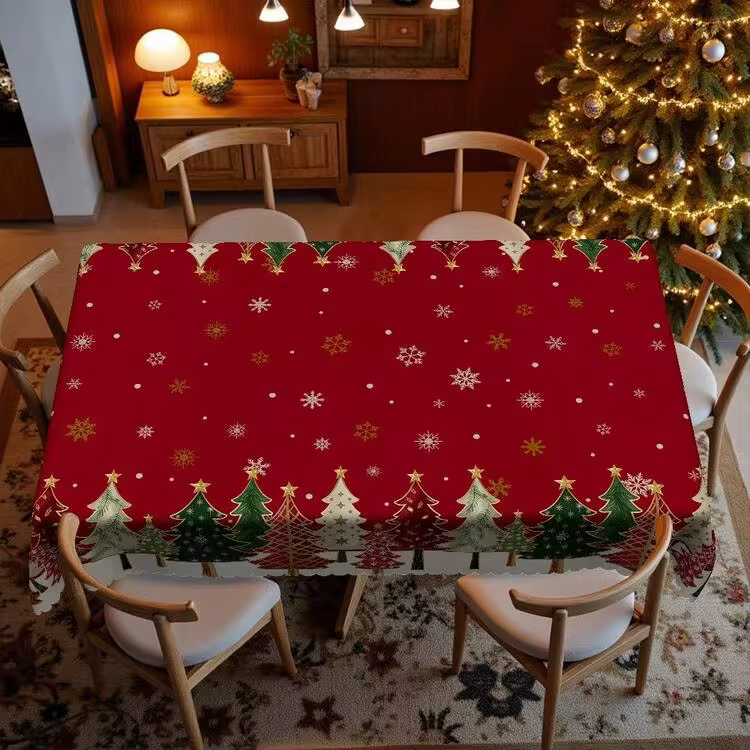 1pc Christmas Tablecloth - Red Vintage Festive Gold Snowflake Christmas Tree Print Design - Durable Polyester Fabric - Suitable For Rectangular, Round, Dining Tables - Party, Home, Restaurant Winter Decoration - Easy To Clean Holiday Decor - Multicolor - View 6