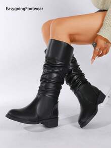 Women's Fashion Ruched Round Toe Low Chunky Heel Casual Mid-Calf Boots - Black - View 4