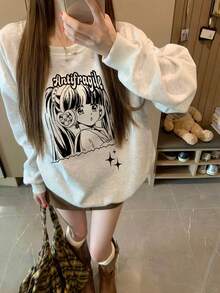 Korean Style Retro Anime Character Pattern Crew Neck Sweatshirt, Minimalist Black & White Line Design, Student Versatile Oversize Autumn Sweatshirt - Off-white - View 1