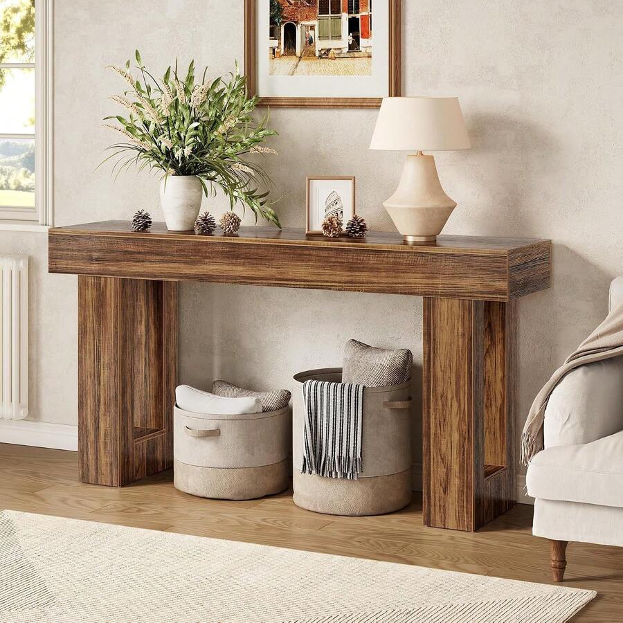 Mesas de Consola de 63 Pulgadas de Largo para Entrada, Mesa de Recibidor, Mesa de Sofá Grande detrás del Sofá, Mesa de Vestíbulo de Entrada de Madera, Mesa de Sofá de Consola Industrial para Sala de Estar, Mueble Decorativo Resistente para Recibidor y Sala - Marrón - Ver 1