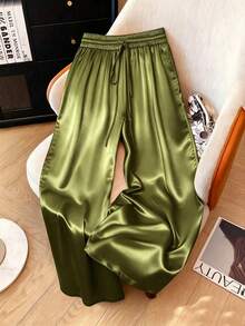 1pc Solid Color Woven Fabric Drawstring Waist Pants, Suitable For Holiday, School, Party, Airport, Stage And Concert Wear, Autumn/Winter With Shiny Finish Spring - Army Green - View 2