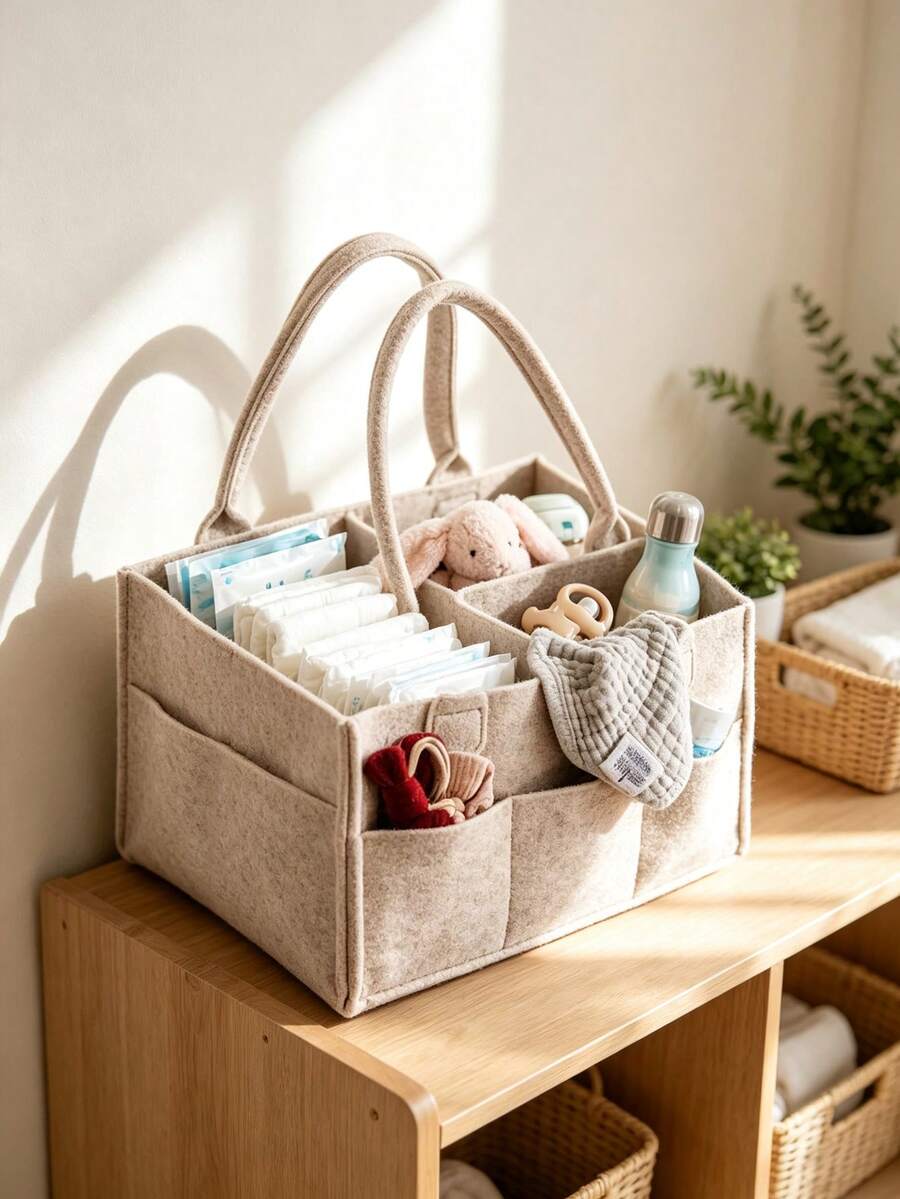 Felt Multi-Functional Tote Storage Bag/Tool Bag/Laundry Basket, Clothes Diaper Powder Cosmetics Toys Miscellaneous Items Organizer, Large Capacity Foldable Collapsible With Handle, Suitable For Home Bedroom Nursery Closet - Multicolor - View 1