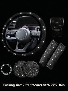 1 SET Car Diamond Steering Wheel Cover, Shiny Rhinestone Seat Belt Cover, Car Cup Holder Mat Combination - Multicolor - View 4
