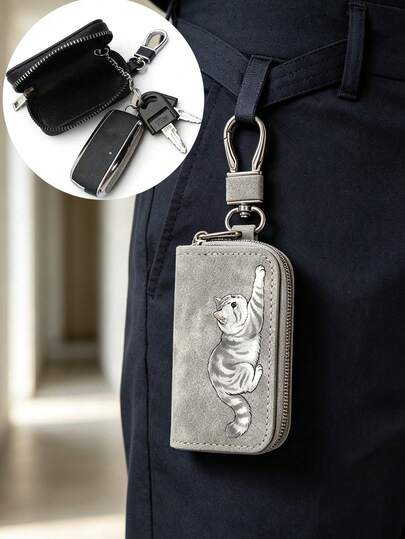 Cute Kitten Print Zipper Key Case, Matte PU Car Key Holder With Lobster Clasp, Portable Key Pouch Bag Charm, With Metal Lobster Clasp Can Be Hung On Bag, Store Car Keys, House Keys, Coins. Perfect Small Gift For Birthday, Valentine's Day, Christmas