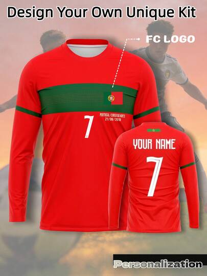 Customized Portugal Home Men's Vintage Long Sleeve Soccer Jersey, Classic Red Body With Horizontal Green Stripes, Crew Neck Basic Fit, Sports Fabric For Daily Wear And Training, Men's Customized Training Sportswear, Autumn/Winter Jersey