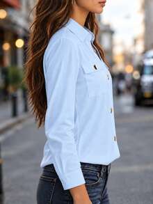 New Arrival All Season Fashion Women's Long Sleeve Button-Up Shirt With Faux Pockets - Blue - View 3