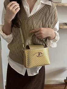 金色女款編織紋理新式百搭水桶包 小眾通勤單肩斜挎包 時尚購物PU皮革包 - 金色 - 查看 5