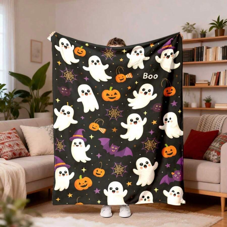 1pc, Ghost And Pumpkin Pattern Printed Flannel Blanket, Single-Sided ...