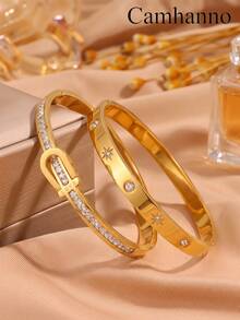 2pcs European And American Style Stainless Steel Plated 18K Gold Bracelet With Multiple Patterns To Choose From, Not Easy To Fade Women's Bracelet - Gold - View 7