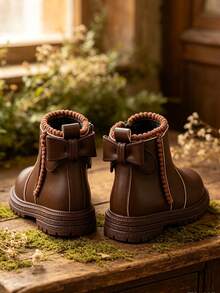 1 Pair Boys' Chelsea Boots, Soft PU + Elastic Fabric Material, Round Toe Soft Sole With Inner Zipper Design, Classic British Style Student Ankle Boots, Suitable For Daily School Wear And Festivals, Autumn/Winter New Arrival - Coffee Brown - View 3