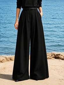 Fashionable High-End Loose Pleated Wide-Leg Pants Autumn Professional Office Halloween Christmas - Black - View 4